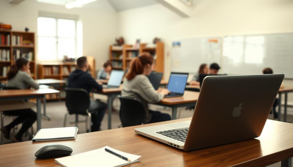 A classroom setting with a group of students working on their laptops. The foreground features a desk with an open MacBook Pro, a mouse, and a notebook. In the middle ground, several students are seated at their desks, focused on their screens. The background showcases a whiteboard, shelves with books, and large windows letting in natural light. The overall atmosphere is focused and studious, with a warm, inviting tone.
