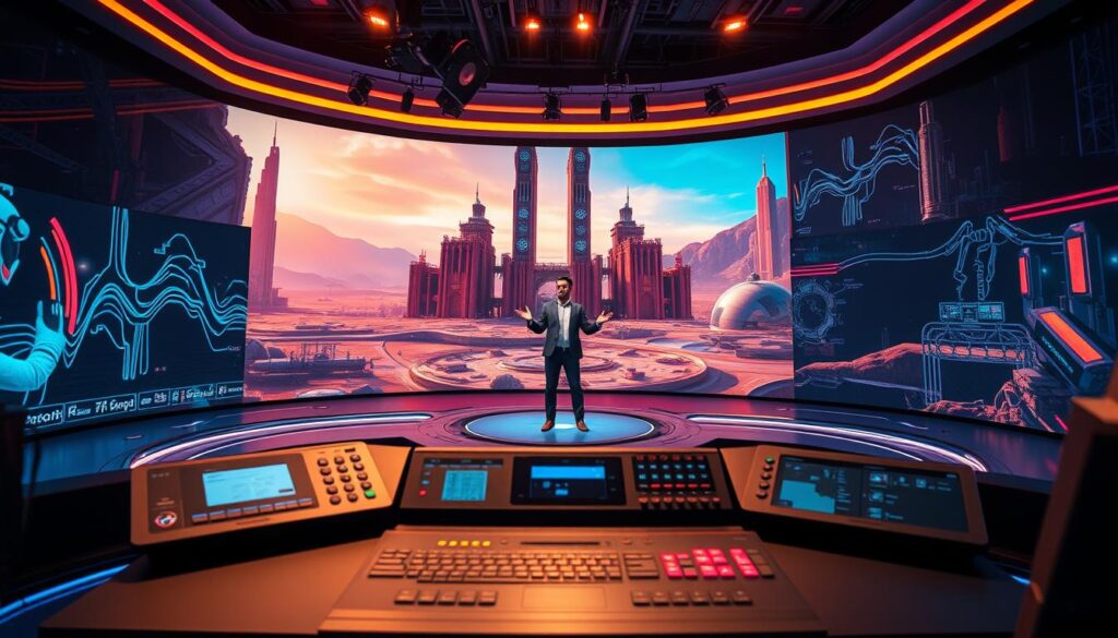 A cutting-edge virtual studio, with immersive holographic displays and advanced motion capture technology. In the foreground, a seamless mixed reality environment, with a presenter delivering a captivating presentation, their movements precisely tracked and integrated into the digital landscape. The middle ground features a sophisticated control panel, with intuitive interfaces and real-time data visualization, allowing for dynamic camera angles and lighting adjustments. In the background, a vast, futuristic backdrop, with towering architectural structures and a vibrant, neon-infused color palette, creating a sense of awe and wonder. The scene is illuminated by a warm, cinematic lighting, casting dramatic shadows and highlighting the cutting-edge nature of the virtual studio technology.
