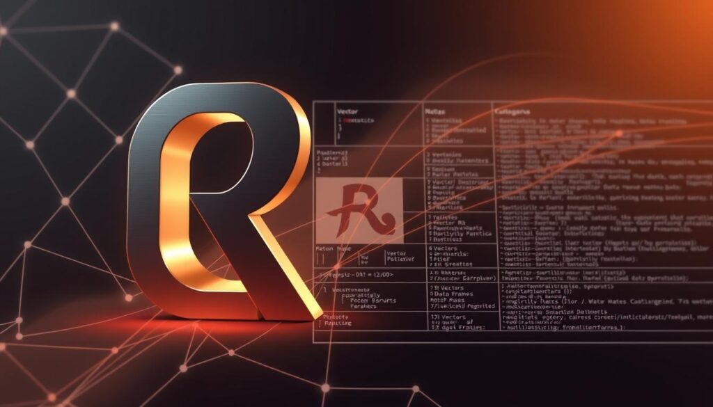 A detailed schematic diagram of the R programming language, showcasing its core components and key features. The foreground depicts the R logo, rendered in a sleek, metallic finish, casting a warm glow against a backdrop of abstract, interlocking geometric shapes. The middle ground features a grid-like layout highlighting R's data structures, such as vectors, matrices, and data frames, while the background subtly incorporates lines of R code, flowing seamlessly throughout the composition. The lighting is soft and diffused, creating a sense of depth and balance, with a focus on highlighting the technical and analytical aspects of the R language. The overall mood is one of sophistication, clarity, and a deep understanding of the underlying R technology.