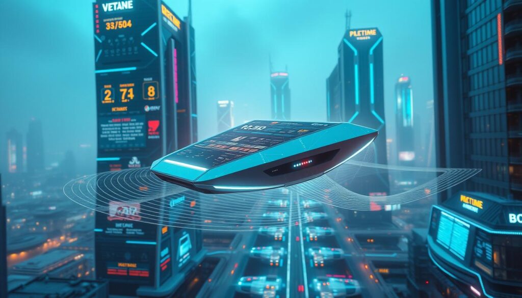 A futuristic cityscape bathed in cool, neon-tinged lighting. Towering skyscrapers adorned with holographic displays and pulsing data streams. In the foreground, a sleek, angular device hovers, its surface flickering with real-time information and alerts. Undulating waves of light emanate from the device, creating a sense of technological dynamism and interconnectivity. The middle ground features a network of glowing pathways, bustling with the movement of autonomous vehicles and drones. The background is a hazy panorama of futuristic structures, with seamless integration of digital and physical realms. An atmosphere of innovation, progress, and the ever-evolving nature of technology.