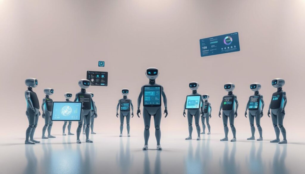 A group of sleek, futuristic smart assistants gathered in a modern, minimalist setting. In the foreground, various digital interfaces and screens float in the air, displaying useful information and intuitive controls. In the middle ground, the assistants stand or hover, their forms seamlessly blending anthropomorphic and abstract elements. Soft, diffused lighting from above creates a sense of tranquility and futuristic ambiance. The background is a muted, gradient-filled void, allowing the assistants and their interfaces to take center stage. Overall, the scene conveys a vision of artificial intelligence harmoniously integrated into everyday life, efficiently aiding and empowering human users.