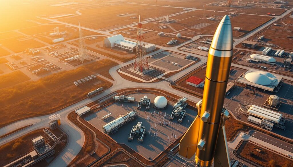A high-altitude aerial shot of a thriving space exploration technology company's headquarters, bathed in warm, golden sunlight. In the foreground, a sleek, futuristic rocket stands tall, its metallic surface gleaming. In the middle ground, a cluster of cutting-edge satellites and spacecraft models are showcased, surrounded by engineers and technicians in clean-room attire, deep in discussion. The background features a panoramic view of the company's sprawling campus, with launch pads, research facilities, and state-of-the-art testing laboratories dotting the landscape. An atmosphere of innovation, ambition, and technological prowess permeates the scene, capturing the essence of the space exploration industry's current status and investment reality.