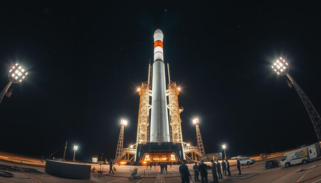 A high-altitude, wide-angle view of SpaceX's launch pad, with Falcon 9 rockets standing tall against a backdrop of a vast, starry night sky. The pad is illuminated by powerful floodlights, casting dramatic shadows and highlights across the scene. In the foreground, a team of engineers and technicians can be seen meticulously inspecting the rocket, showcasing the company's dedication to precision and safety. The atmosphere conveys a sense of anticipation and technological prowess, reflecting SpaceX's competitive edge in the commercial space industry.