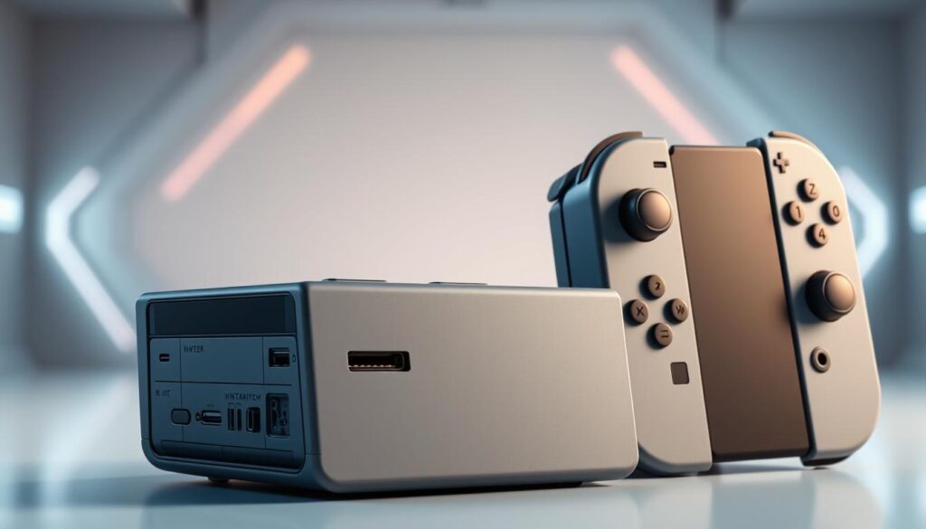 A highly detailed, photorealistic render of the Nintendo Switch 2 game console. The foreground features the sleek, angular design of the console itself, with a smooth matte finish in a subtle shade of gray. The middle ground showcases the various ports, buttons, and vents, captured with precise engineering-level detail. In the background, a softly lit environment with a minimalist, futuristic aesthetic provides a clean, technology-focused setting. Carefully crafted lighting casts subtle shadows, accentuating the contours and hardware components. The overall composition emphasizes the console's advanced capabilities and premium construction, inviting the viewer to imagine its enhanced performance and features.