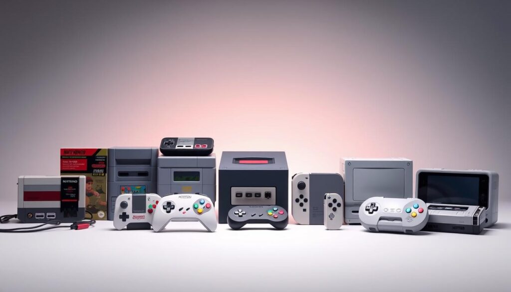 A meticulously crafted collection of Nintendo gaming consoles, showcased against a sleek, minimalist backdrop. The foreground features a lineup of iconic systems, including the original NES, SNES, GameCube, and the latest Nintendo Switch, each rendered in vivid detail. The middle ground introduces a subtle perspective shift, highlighting the evolution of the controllers and handheld devices. In the background, a softly lit gradient creates a sense of depth and emphasizes the technological advancements over the decades. The overall composition conveys a harmonious blend of nostalgia and modern innovation, capturing the essence of Nintendo's rich gaming heritage.