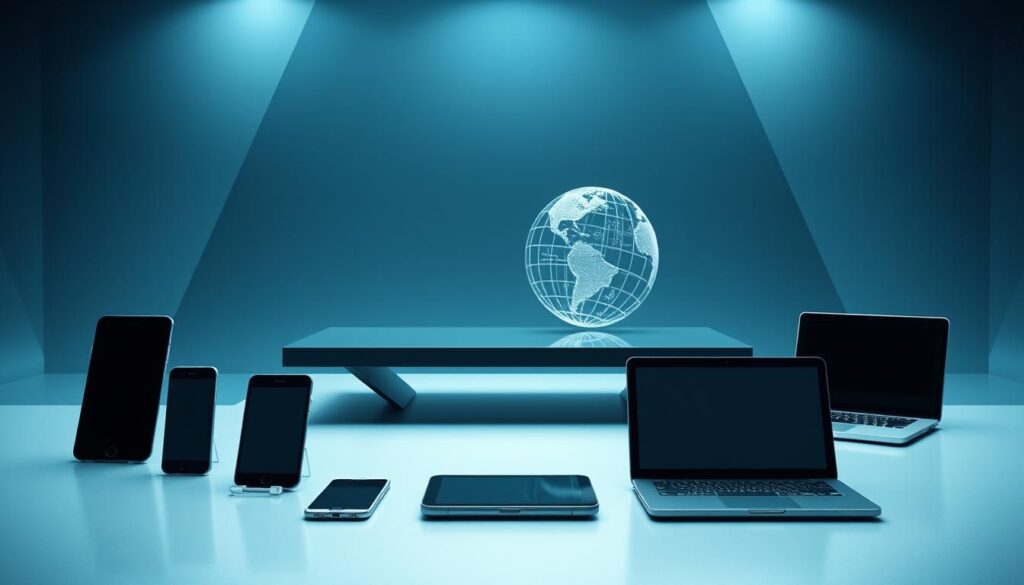 A minimalist, futuristic scene depicting the "Digital Information Overload Challenge". In the foreground, multiple smartphones, tablets, and laptops are displayed, representing the constant influx of digital content and notifications. The middle ground features a sleek, metallic desk with a stylized wireframe globe, symbolizing the global reach of technology. The background is a dimly lit, abstract space with subtle geometric patterns, creating a sense of complexity and information overload. Soft, cool-toned lighting casts an ambient glow, evoking a contemplative and overwhelmed mood. The overall composition conveys the idea of being inundated by an ever-expanding digital landscape.