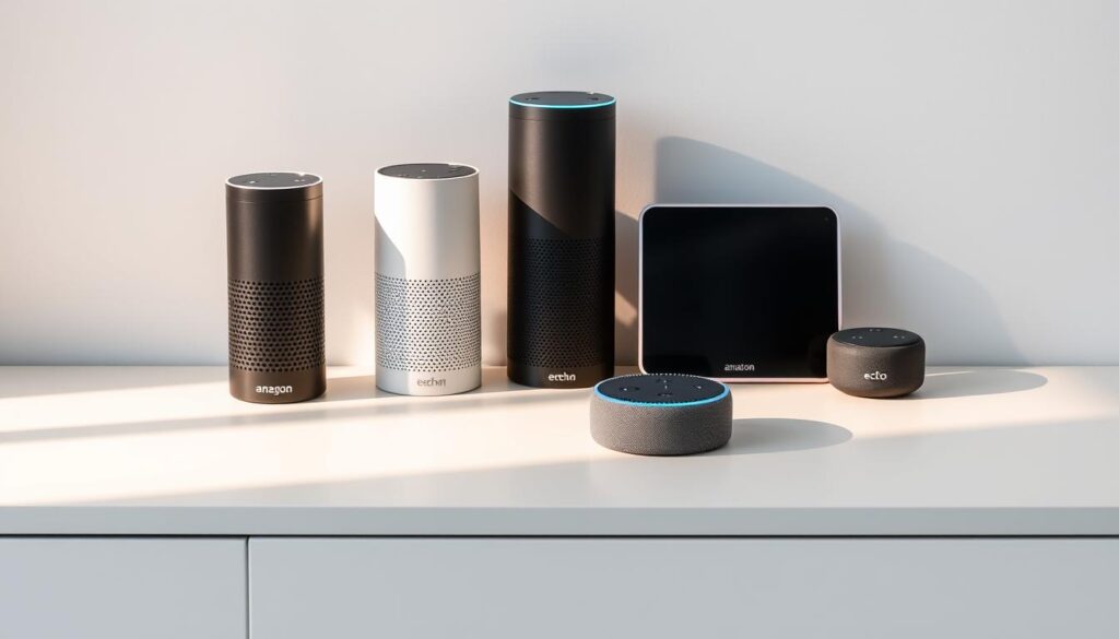 A neatly arranged display of Amazon Alexa devices, including the iconic Echo smart speaker, the Echo Show with its sleek display, and the compact Echo Dot, all resting on a minimalist white surface. The devices are bathed in soft, warm lighting, casting gentle shadows that accentuate their streamlined, futuristic designs. The overall composition is clean and symmetrical, showcasing the devices as the centerpiece of a modern, connected smart home ecosystem.