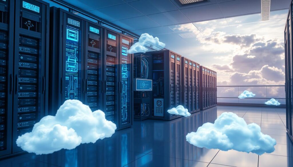 A pristine, futuristic data center with towering server racks and glowing holographic displays. In the foreground, sleek cloud storage devices float effortlessly, their surfaces emanating a soft, ethereal glow. The middle ground features a network of connected devices, cables, and control panels, all bathed in a cool, blue-tinted light. The background showcases a panoramic view of the cloud-filled sky, hinting at the boundless possibilities of cloud computing. Dramatic lighting casts dramatic shadows, creating a sense of depth and technological sophistication. The scene conveys the power, innovation, and seamless integration of modern cloud storage solutions.