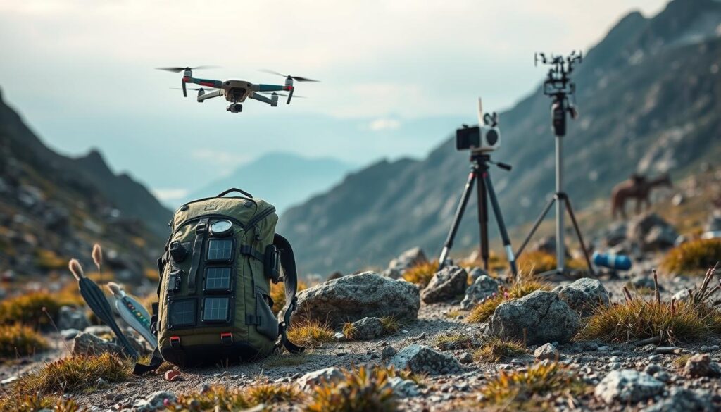 A rugged outdoor landscape with a range of cutting-edge weather tech products strategically placed. In the foreground, a high-tech backpack equipped with solar panels, water filters, and weather sensors. In the middle ground, a sleek weather-resistant drone hovers, capturing aerial footage. Further back, an advanced portable weather station stands tall, its sensors tracking atmospheric conditions. Soft, diffused natural light illuminates the scene, conveying a sense of exploration and adventure. The overall atmosphere is one of innovation and resilience, highlighting the importance of weather tech gear for outdoor enthusiasts.