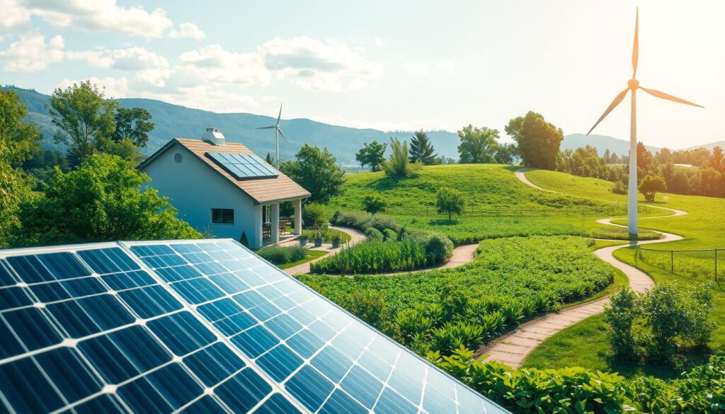 A serene, sun-dappled scene of sustainable living technologies nestled in a lush, verdant landscape. In the foreground, a sleek, modern solar panel array captures the sun's rays, powering an energy-efficient home with clean, renewable energy. In the middle ground, a neatly tended vegetable garden thrives, showcasing the bounty of sustainable food production. Winding pathways lead to a small, eco-friendly wind turbine in the background, its blades gently turning in the breeze, harnessing the power of the elements. The overall atmosphere is one of harmony, balance, and a deep connection to the natural world, exemplifying the path to a sustainable future.
