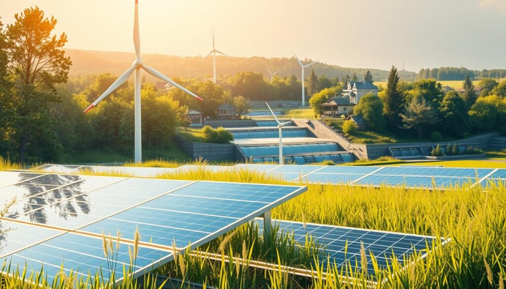 A serene, sunlit meadow filled with a variety of eco-friendly technologies, blending seamlessly into the natural landscape. In the foreground, a sleek, modern solar panel array harvests the sun's energy, its gleaming surface reflecting the lush greenery around it. Behind it, a wind turbine's graceful blades slice through the air, its gentle rotation powering nearby homes. In the middle ground, a network of hydroelectric dams harness the flow of a nearby river, their turbines churning quietly. In the distance, a cluster of energy-efficient homes with green roofs and solar-powered windows nestled among towering trees, showcasing a harmonious integration of technology and nature. Warm, golden lighting bathes the scene, creating a sense of tranquility and progress.