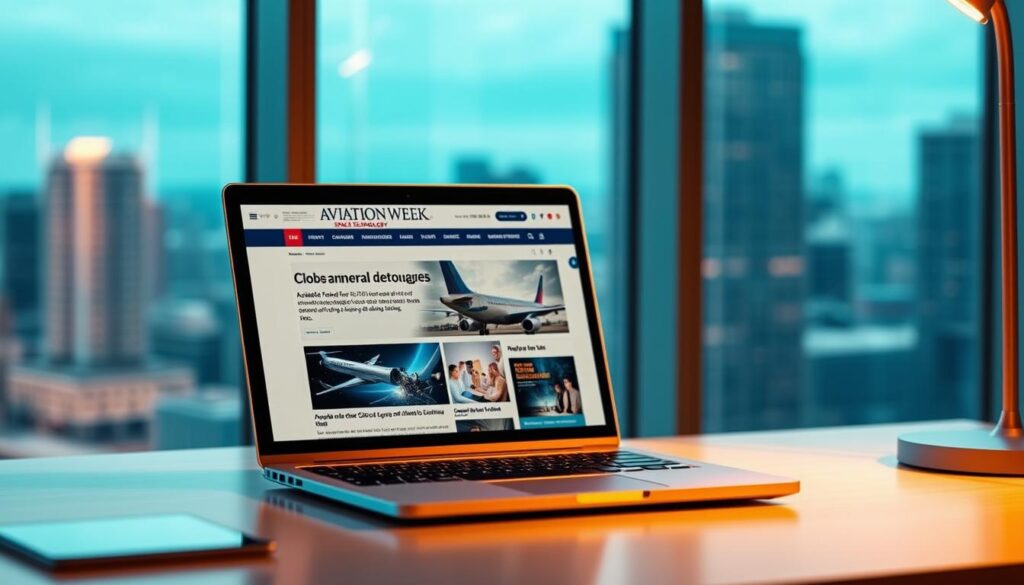 A serene workspace with a laptop displaying the Aviation Week & Space Technology website, illuminated by warm directional lighting. The laptop screen showcases the publication's content, with crisp, high-resolution visuals and an intuitive user interface. A minimalist desk setup with a sleek, modern aesthetic complements the scene, creating a professional and inviting atmosphere. The background features a blurred cityscape, hinting at the global reach and influence of the aerospace industry. The image conveys easy access to authoritative aerospace news and analysis through the publication's digital platform.