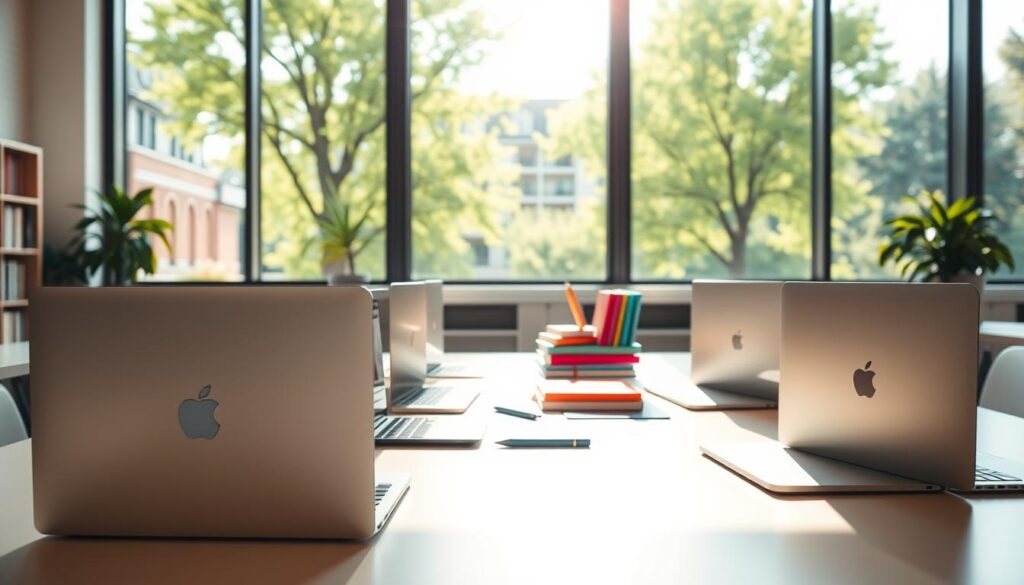 A sleek and modern classroom setting, bathed in warm natural light. In the foreground, several Apple MacBook laptops are neatly arranged on a clean, minimalist desk, their aluminum bodies gleaming. The middle ground features an array of educational accessories - colorful textbooks, a stylus, and a tablet, creating a harmonious workspace. In the background, large windows offer a view of a lush, verdant campus, suggesting a nurturing, technology-forward educational environment. The overall composition conveys a sense of innovation, productivity, and the seamless integration of Apple's technology into the academic sphere.