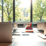 A sleek and modern classroom setting, bathed in warm natural light. In the foreground, several Apple MacBook laptops are neatly arranged on a clean, minimalist desk, their aluminum bodies gleaming. The middle ground features an array of educational accessories - colorful textbooks, a stylus, and a tablet, creating a harmonious workspace. In the background, large windows offer a view of a lush, verdant campus, suggesting a nurturing, technology-forward educational environment. The overall composition conveys a sense of innovation, productivity, and the seamless integration of Apple's technology into the academic sphere.