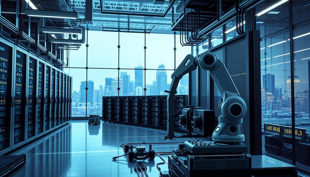 A sleek, futuristic factory floor bathed in cool, bright lighting. In the foreground, a robotic arm effortlessly assembles complex machinery, its movements precise and efficient. In the middle ground, rows of networked servers hum with the calculated processing of vast datasets, powering intelligent algorithms that optimize production workflows. The background features towering, glass-paneled walls that offer a panoramic view of a bustling urban skyline, symbolizing the scalability and widespread adoption of machine learning technologies transforming modern industry.