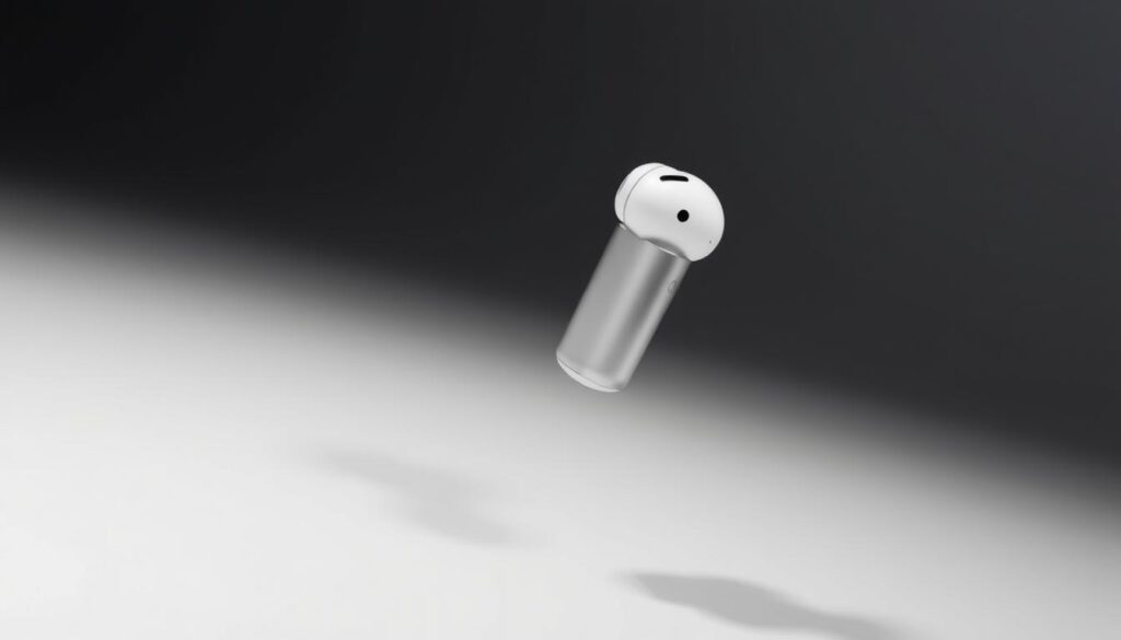 A sleek, metallic-silver AirPod 4 levitates in a minimalist, high-contrast environment. The earbud's surface reflects muted highlights, emphasizing its smooth, premium design. The foreground is bathed in a soft, diffused light, while the background fades into a shadowy void, drawing full attention to the noise-cancelling device. Precise angles capture the AirPod's distinctive form, showcasing its seamless integration of cutting-edge audio technology. The overall mood is one of refined elegance and advanced sonic performance, perfectly complementing the "Exploring Exceptional Noise-Cancellation & Audio Clarity" section of the article.