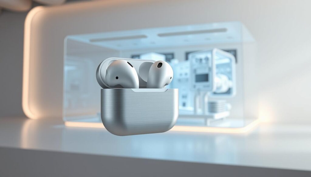 A sleek, modern AirPod 4 design with a brushed metallic finish, gently curving shape, and minimalist aesthetic. The earbuds float in a well-lit, airy environment, showcasing their compact, ergonomic form and seamless integration of advanced sensors and microphones. Subtle ambient lighting accentuates their sophisticated appearance, while a transparent display in the background reveals the intricate inner workings and innovative engineering behind these cutting-edge wireless earphones. The scene conveys a sense of high-tech elegance and the promise of an elevated, immersive listening experience.