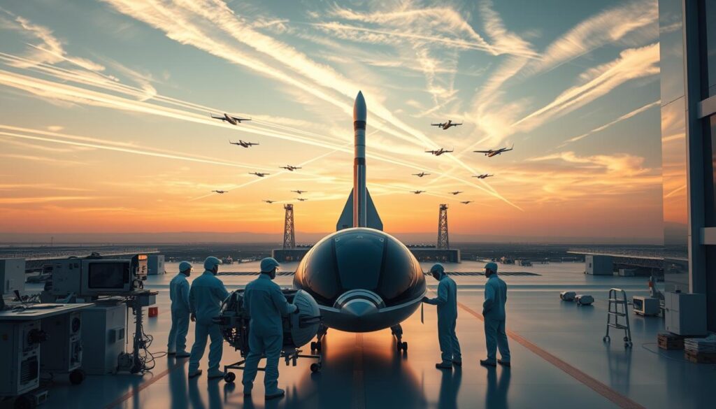 A sleek, modern aerospace complex situated against a backdrop of a vast, open sky. In the foreground, a group of engineers in clean-room suits meticulously inspecting the intricate components of a cutting-edge spacecraft. In the middle ground, a towering rocket stands tall, its fuselage gleaming in the warm, directional lighting. In the distance, a fleet of advanced aircraft takes to the skies, their contrails etching graceful patterns across the horizon. The scene exudes a sense of technical innovation, scientific progress, and an unwavering dedication to the exploration of the unknown.