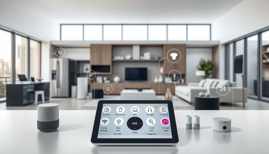 A sleek, modern smart home with a variety of independent devices showcasing their seamless integration and interconnectivity. In the foreground, a central control panel displays the various connected appliances and systems, each with their own distinct icons and interfaces. The middle ground features an array of smart home devices such as a voice-activated assistant, smart lighting, security cameras, and climate control. The background depicts a minimalist, high-tech interior with large windows, allowing natural light to illuminate the scene. The overall mood is one of advanced, intuitive technology empowering the homeowner's independence and control over their living environment.