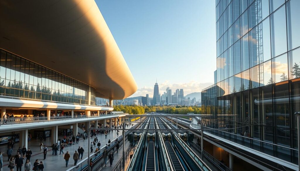 A sprawling, ultramodern transit hub stands tall, its sleek glass and steel architecture gleaming under the warm glow of the afternoon sun. In the foreground, a bustling concourse teems with commuters, their footsteps echoing across the polished floors as they navigate the intricate web of escalators and walkways. The middle ground reveals a network of elevated rail lines, their tracks snaking through the complex, shuttling passengers to and fro with efficiency. In the distance, a majestic backdrop of towering skyscrapers and lush greenery creates a harmonious blend of urban progress and natural beauty. This is Redmond Technology Station, the beating heart of the region's tech innovation, a testament to the power of infrastructure, design, and community.