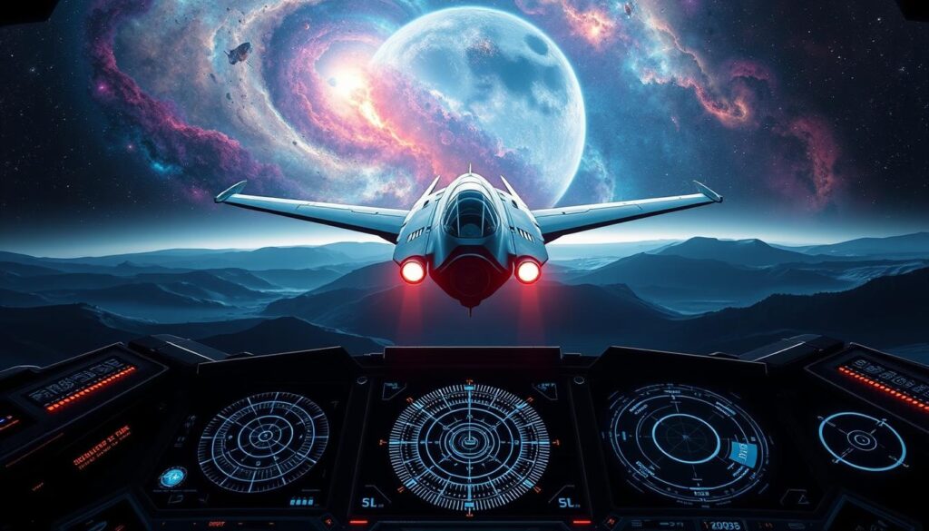 A stunning illustration of cutting-edge space technology innovations. In the center, a sleek, futuristic spacecraft with aerodynamic wings and a glowing ion propulsion system hovers above a moonlit landscape. In the background, a nebula swirls with vibrant cosmic colors, casting an ethereal glow. In the foreground, intricate holographic displays showcase advanced navigation systems and scientific instrumentation. The lighting is dramatic, with a mix of cool tones from the spacecraft's thrusters and warm hues from the distant stars. The overall mood is one of awe-inspiring, forward-thinking technology, ready to push the boundaries of space exploration.