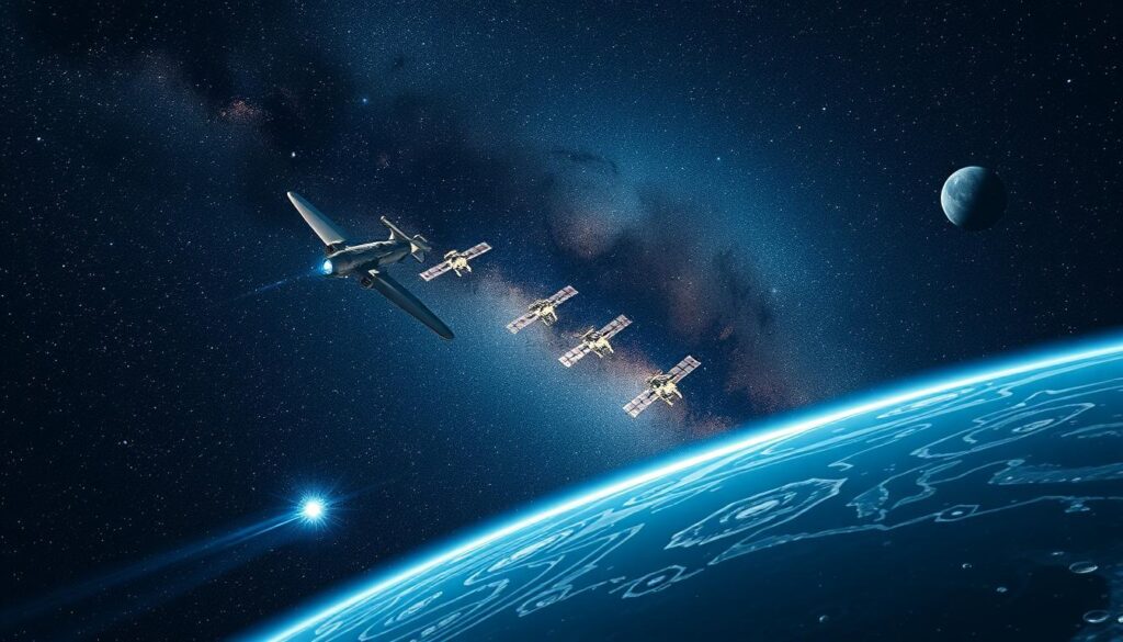 A vast expanse of the Milky Way, its swirling stars and nebulae casting a mesmerizing glow across the infinite void. In the foreground, a sleek, futuristic spacecraft gracefully glides through the darkness, its engines flickering with ethereal light. The middle ground features a cluster of satellites and probes, their solar panels unfurled, gathering data from the cosmos. In the background, planets and moons loom, their surfaces marked by craters and geological features, hinting at the mysteries and wonders of our solar system. The scene is bathed in a cool, ethereal light, conveying a sense of awe, adventure, and the relentless pursuit of knowledge that defines the current landscape of space exploration.