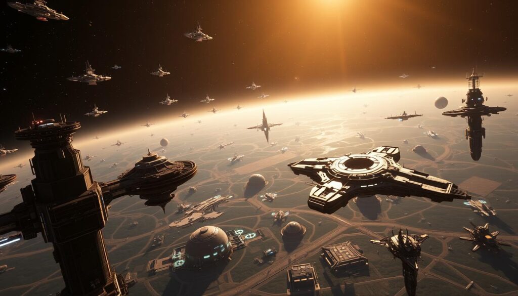 A vast expanse of the Star Citizen universe, showcasing a diverse array of meticulously crafted space stations. In the foreground, a towering orbital habitat hums with activity, its modular design and intricate architectural details reflecting the advanced technology of the 30th century. In the middle ground, a massive refueling station hovers gracefully, its sleek silhouette and glowing thrusters conveying a sense of power and functionality. In the distant background, a cluster of research outposts and mining facilities dot the starry landscape, their complex structures and shimmering energy fields creating a visually stunning tableau. The scene is illuminated by a warm, ethereal lighting that casts a captivating glow, evoking a sense of wonder and exploration. Captured through a wide-angle lens, the image showcases the grandeur and technological marvels of the Star Citizen universe.