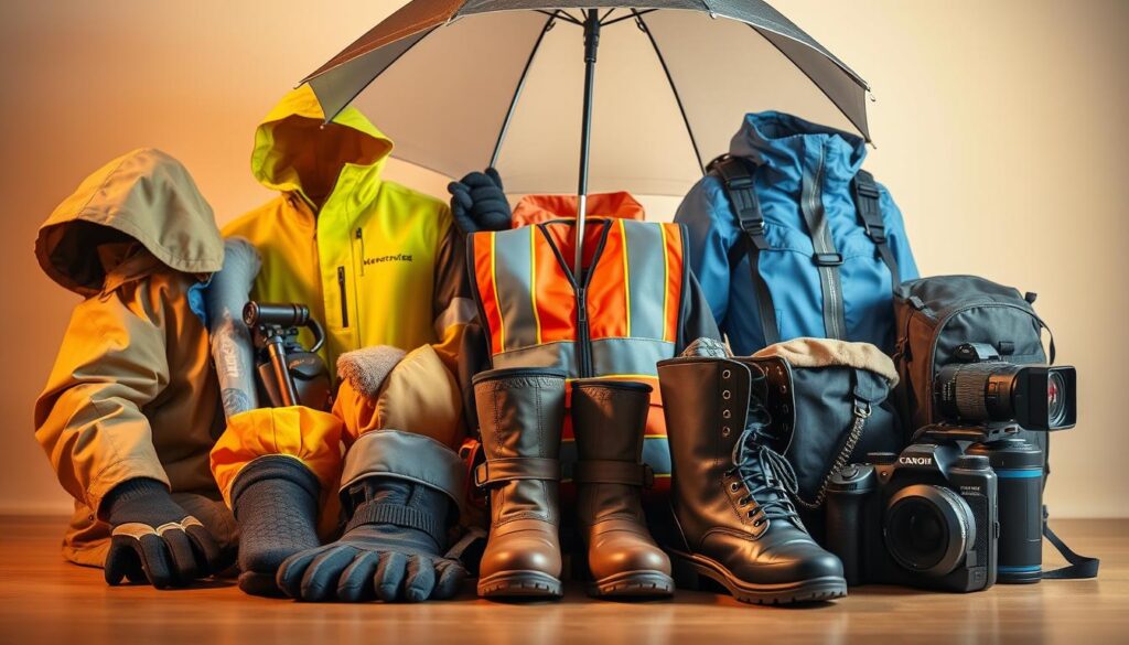 A well-lit, high-resolution photograph showcasing an assortment of all-weather accessories. In the foreground, a collection of durable, weatherproof items including a hooded rain jacket, insulated gloves, and sturdy waterproof boots. In the middle ground, an umbrella, a packable poncho, and a reflective safety vest. In the background, a weatherproof backpack, a wide-brimmed hat, and a rugged weatherproof camera. Lighting is soft, even, and slightly diffused, creating a warm, inviting atmosphere. The image is captured from a slightly elevated angle, providing a comprehensive view of the full ensemble of all-weather gear.