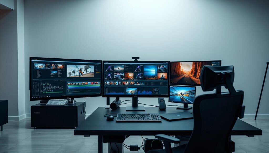A well-lit, professional video editing workstation set against a sleek, modern backdrop. In the foreground, a seamless multi-monitor setup displays various video editing software interfaces, including timeline editing, color grading, and effects layering. The middle ground features an ergonomic desk, a high-end desktop computer, and a variety of editing peripherals such as a graphics tablet and a professional video capture device. The background showcases a minimalist, industrial-inspired environment with clean lines, neutral tones, and subtle ambient lighting that creates a calm, focused atmosphere for the video editing workflow.