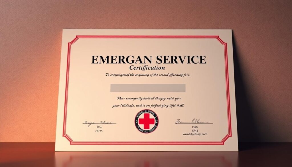 An emergency medical services certification, rendered in a realistic style with a clean, professional appearance. The certificate is displayed prominently in the foreground, with a subtle textured background suggesting an official document. Warm yet muted lighting illuminates the certificate, creating a sense of authority and importance. The layout is well-balanced, with ample negative space to draw the viewer's attention to the key details. The overall mood is one of confidence, competence, and the importance of proper medical training and certification.