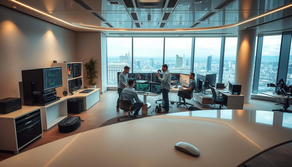 An immersive workspace showcasing the latest R technology installation. A sleek, minimalist workstation dominates the foreground, its elegant curves and glossy surfaces reflecting the soft overhead lighting. Surrounding it, a neatly arranged array of cutting-edge R programming tools, monitors, and peripherals. In the middle ground, a team of data scientists collaboratively exploring complex visualizations and analyses, their faces illuminated by the glow of their screens. The background fades into a modern, airy office environment, with floor-to-ceiling windows offering a panoramic view of a bustling cityscape. An atmosphere of focused productivity and innovative exploration permeates the scene.