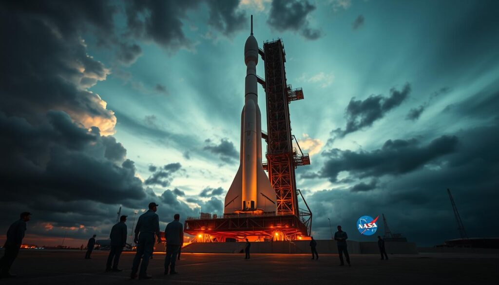 An imposing launch pad against a dramatic sky, NASA's Artemis Program rocket stands tall, its futuristic silhouette piercing the clouds. In the foreground, a team of engineers meticulously inspect the towering vehicle, their expressions focused as they prepare for liftoff. The middle ground is illuminated by the glow of the engines, casting a warm hue across the scene. In the background, the iconic NASA logo shines, a symbol of humanity's boundless ambition to explore the cosmos. Captured with a wide-angle lens, this cinematic composition conveys the scale, power, and technical precision of the Artemis endeavor, a testament to the relentless pursuit of space exploration.