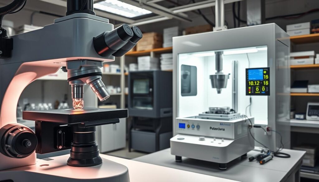 Detailed laboratory interior with a focus on materials science and testing equipment. In the foreground, a high-resolution microscope examines a specimen on a precision workbench under bright LED lighting. In the middle ground, a materials testing machine applies force to a sample, its digital readouts capturing stress-strain data. In the background, shelves hold various materials samples and analysis tools. The scene conveys a sense of scientific rigor and technical expertise, with a clean, well-organized, and technologically advanced atmosphere.