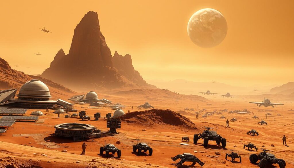 High-resolution detailed scene of a human colony on the surface of Mars, with advanced habitats, solar panels, and scientific research facilities in the foreground. In the middle ground, a fleet of futuristic spacecraft landing and taking off, as well as robotic rovers exploring the rust-colored landscape. The background features a towering Martian mountain range, with the planet's thin atmosphere and the Earth visible in the distant sky. The scene is illuminated by a warm, golden light, creating a sense of exploration, progress, and the boundless potential of space technology.