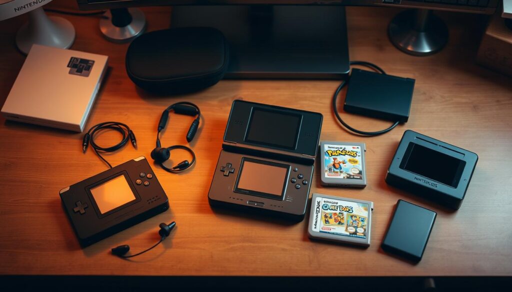 a cozy desktop scene with an assortment of nintendo ds accessories, including a sleek black ds console, a matching carrying case, a stylish set of colorful game cartridges, a pair of comfortable earbuds, and a compact charging dock. the accessories are arranged neatly on a wooden surface, bathed in warm, soft lighting that creates a welcoming, nostalgic atmosphere. the composition is balanced and visually appealing, showcasing the variety of ds peripherals in an inviting way that complements the retro-inspired aesthetic of the nintendo ds.