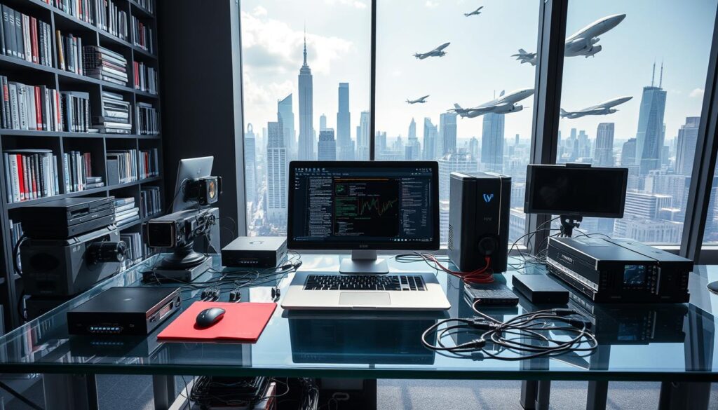 a high-tech workspace with a sleek, modern design. in the foreground, an array of cutting-edge machine learning tools and devices are arranged neatly on a glass desk, including a powerful laptop, a high-resolution monitor, a touchpad, and various sensors and cables. the middle ground features a bookshelf filled with reference books on artificial intelligence, data science, and computer programming. in the background, a large window overlooking a futuristic cityscape, with skyscrapers and flying vehicles visible in the distance, creating a sense of innovation and progress. the lighting is bright and directional, casting dramatic shadows and highlights on the equipment, conveying a professional, analytical atmosphere. the entire scene exudes a sense of technological expertise and the promise of transforming the future through machine learning.