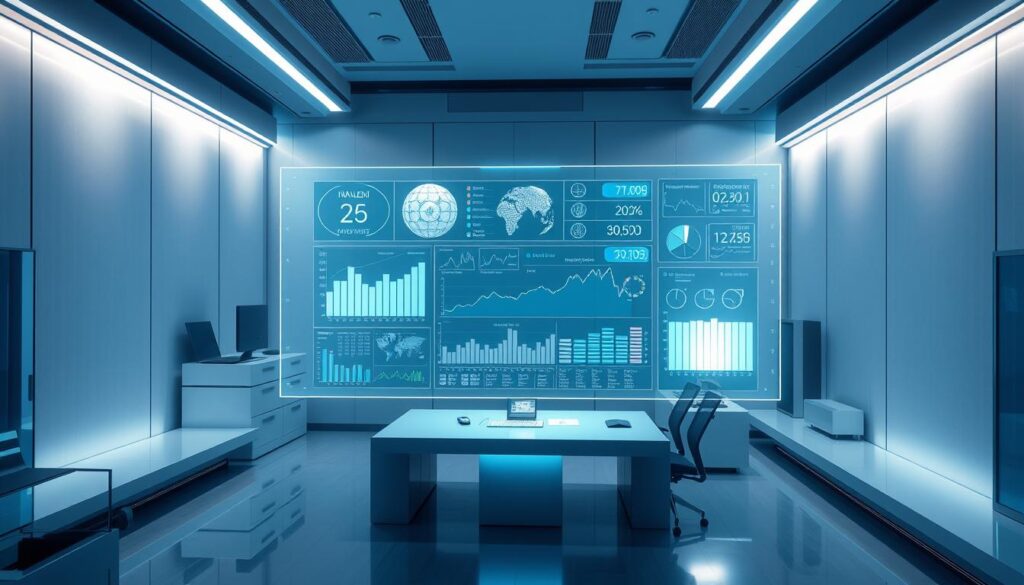 a highly detailed digital illustration of an artificial intelligence system operating in the financial industry, with a focus on machine learning algorithms and data visualization. the scene depicts a holographic display in a modern, minimalist office, showcasing various financial metrics, charts, and predictive analytics. the display is surrounded by sleek, silver-toned equipment and interfaces, creating a sense of advanced technology and innovation. the lighting is a cool, blue-tinted hue, casting an atmospheric glow over the scene and emphasizing the futuristic, high-tech nature of the AI-powered financial system. the composition features a sharp, angular perspective to convey a sense of dynamism and cutting-edge progress.