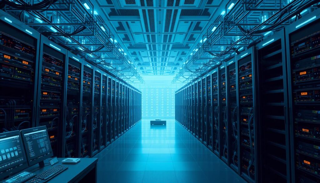 a vast, sprawling cloud infrastructure system, with towering server racks, interconnected cables, and glowing status indicators. The scene is bathed in a cool, azure hue, with gentle shadows and highlights that accentuate the technological elements. In the foreground, there is a central control panel with various displays and input devices, conveying the idea of active management and monitoring. The middle ground features a network of interconnected nodes, each representing a crucial component of the cloud architecture. In the background, a panoramic view of the larger data center facility, with sleek, angular designs and subtle references to the ever-evolving nature of cloud computing. The overall atmosphere is one of advanced, efficient, and cutting-edge technology, perfectly capturing the essence of the "The Evolution of Cloud Computing in 2023" section.