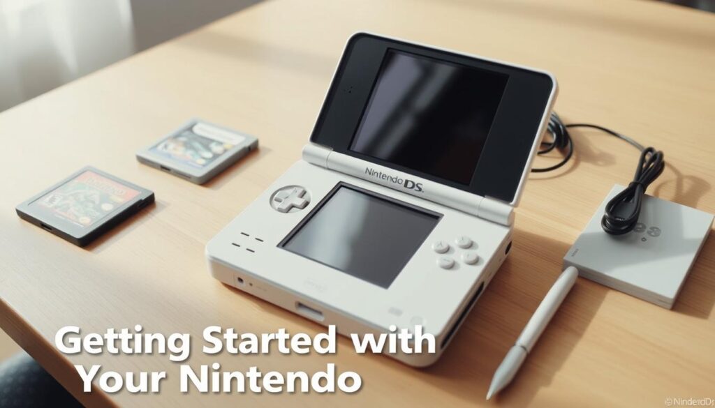 an detailed cinematic setup guide for the nintendo ds portable gaming console, meticulously arranged on a clean wooden table with a soft natural light, the device positioned prominently in the center, accompanied by essential accessories like game cartridges, a charging cable, and a stylus, all captured from a slightly angled perspective to showcase the product's sleek design and user-friendly features, creating an inviting and informative visual narrative for the "Getting Started with Your Nintendo DS" section.